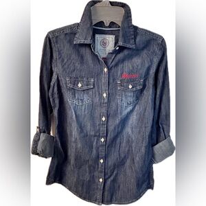 Glamma Dark Distressed Denim Shirt with Embroidered pocket & Tab Sleeves
